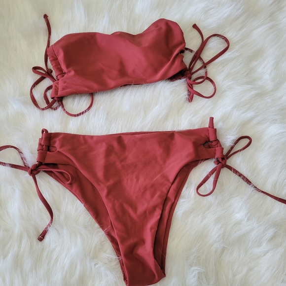 SHEIN Other - SHEIN 2 Piece Set Bikini Burnt Sienna Lace Up Sides  Bandeau High Rise L NWT
